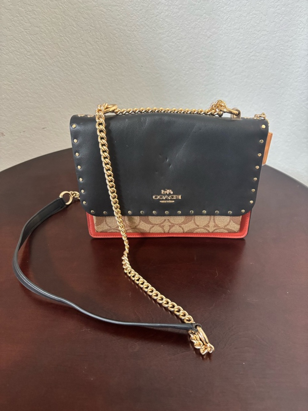 Coach Black, Coral and Signature Canvas Chain Crossbody